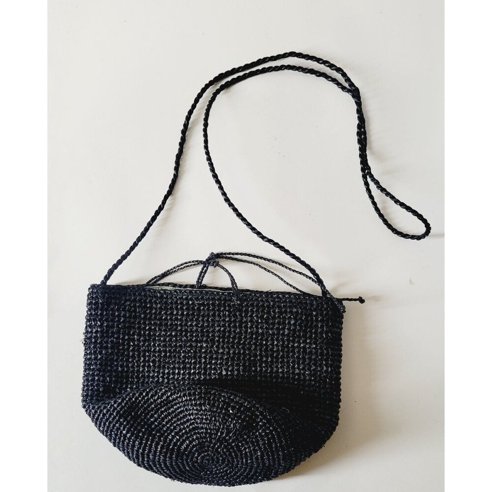 NWOT Sans Arcidet Paris Black Woven Straw Raffia Bucket Crossbody Handbag Purse